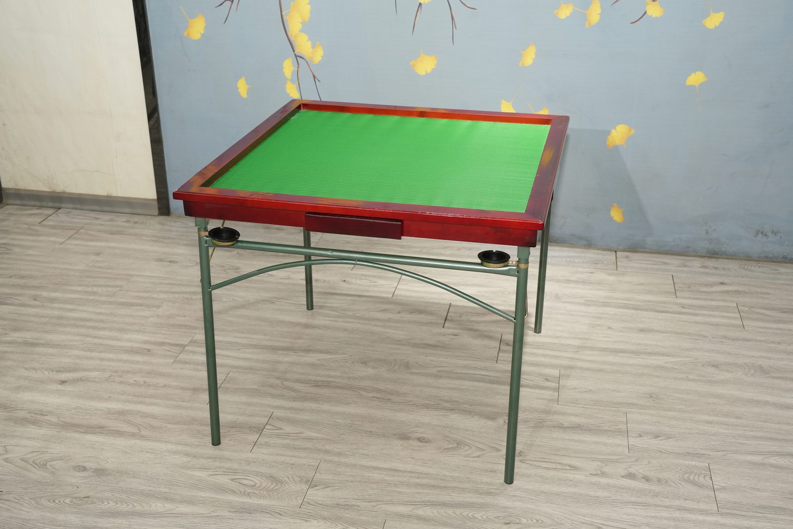 Red-wood frame mahjong table with green steel braced legs
